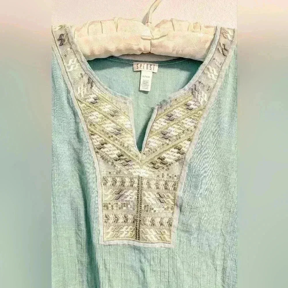 Spense Embroidered Embellished Woven Tunic Top 3/4 Length Sleeves Blue Size XL - Picture 2 of 3